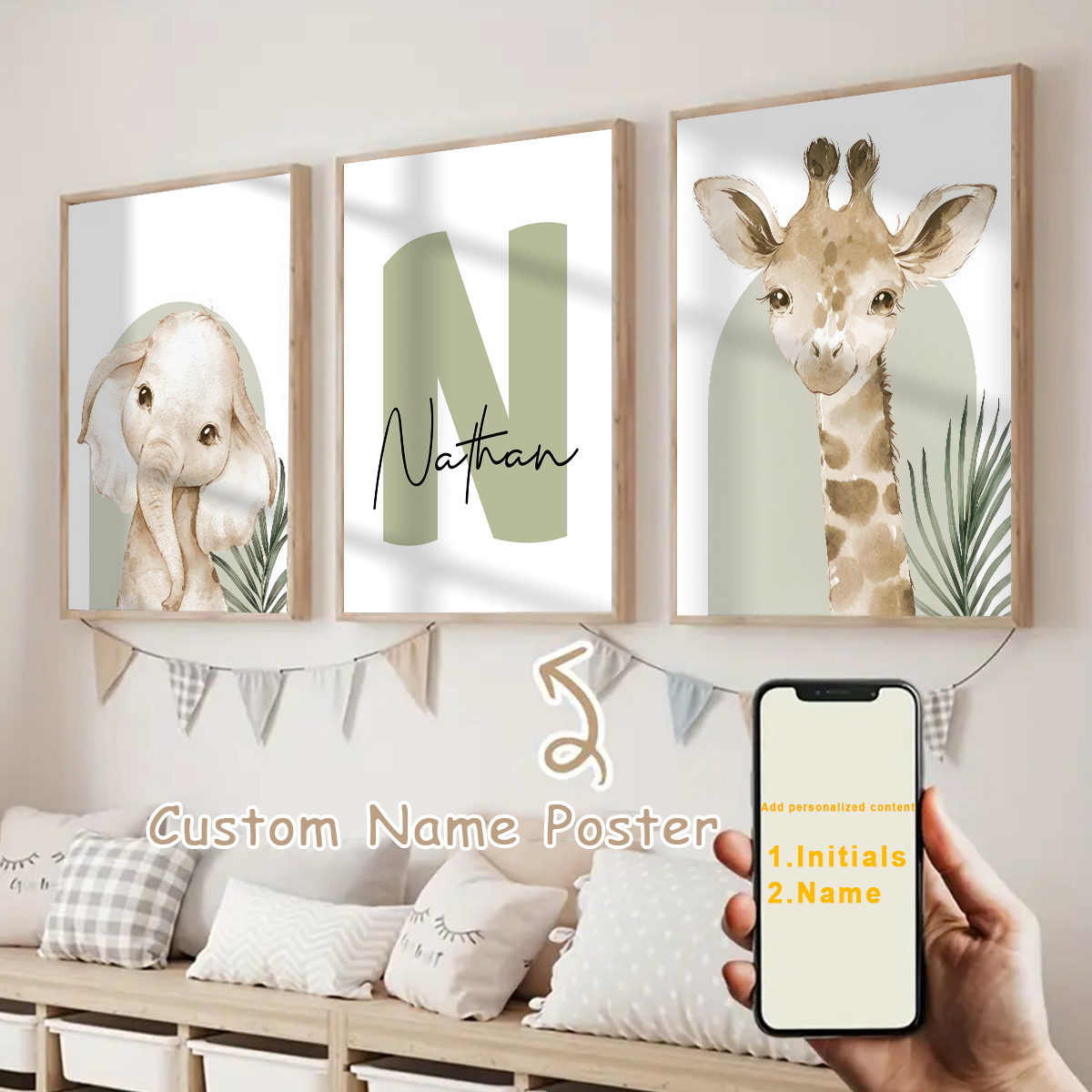 Personalized Name Box - 3pcs/set Poster Kanvas Safari dengan Nama