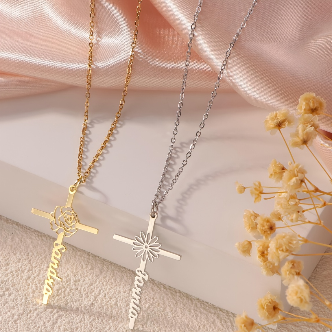Birth Flower Necklace - Kalung Nama Salib Bunga Kelahiran Kustom,