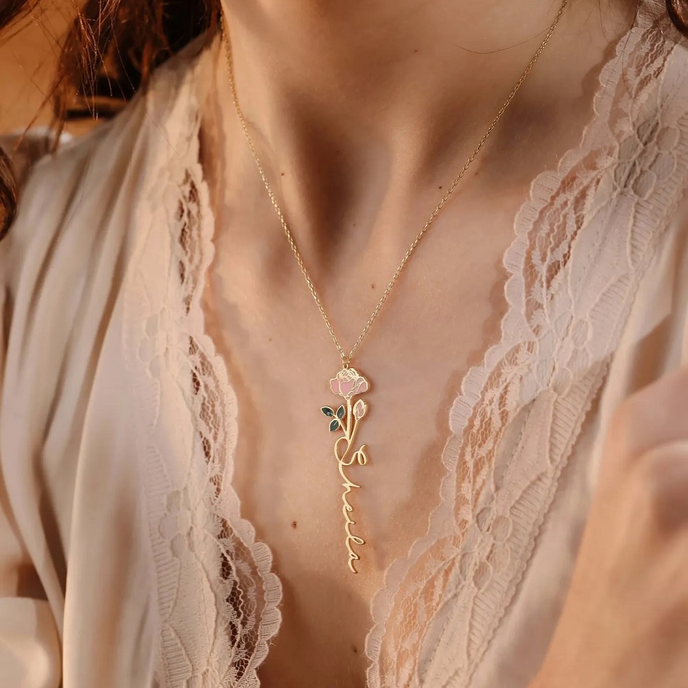 Birth Flower Necklace - Kalung Nama Yang Dipersonalisasi dengan Bunga