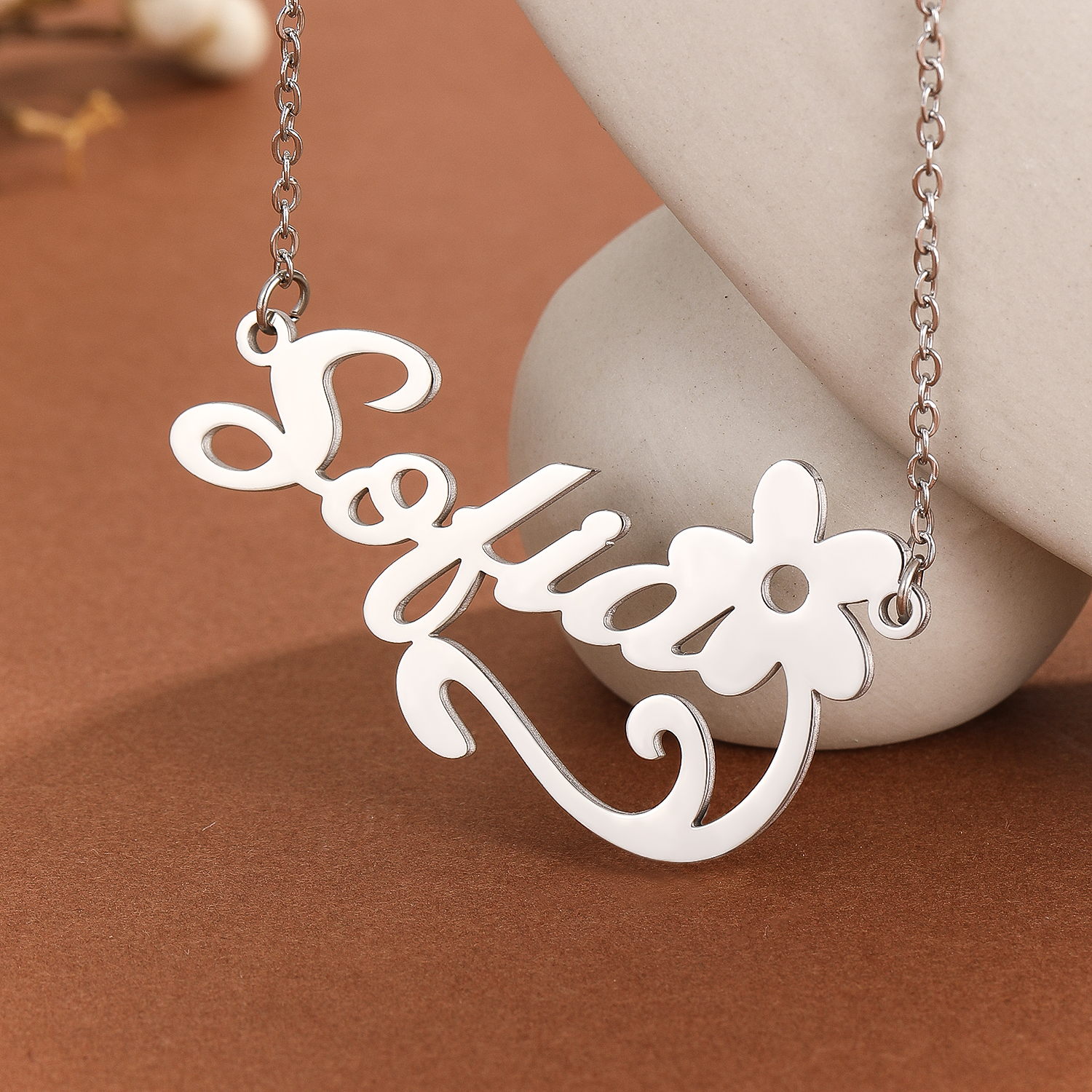 Name Necklace Custom - Kalung liontin huruf bunga Stainless Steel,