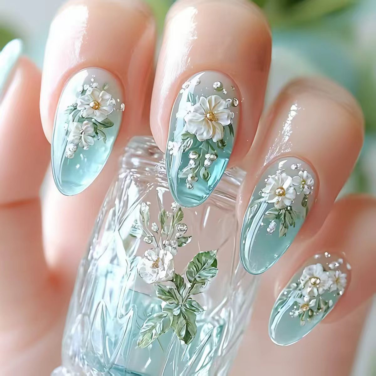 Pressed Flower Art - Kuku palsu ukuran sedang untuk wanita