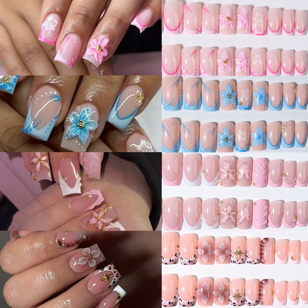 Pressed Flower Art - 96Pcs(4 Campuran) Kuku Bentuk Persegi Desain