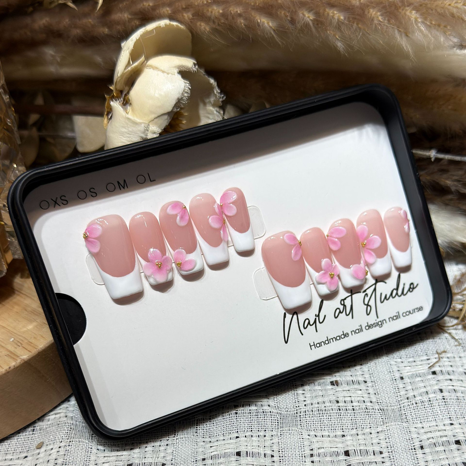 10pcs Kuku Palsu Gaya Prancis  - Pressed Flower Art ulasan dan harga