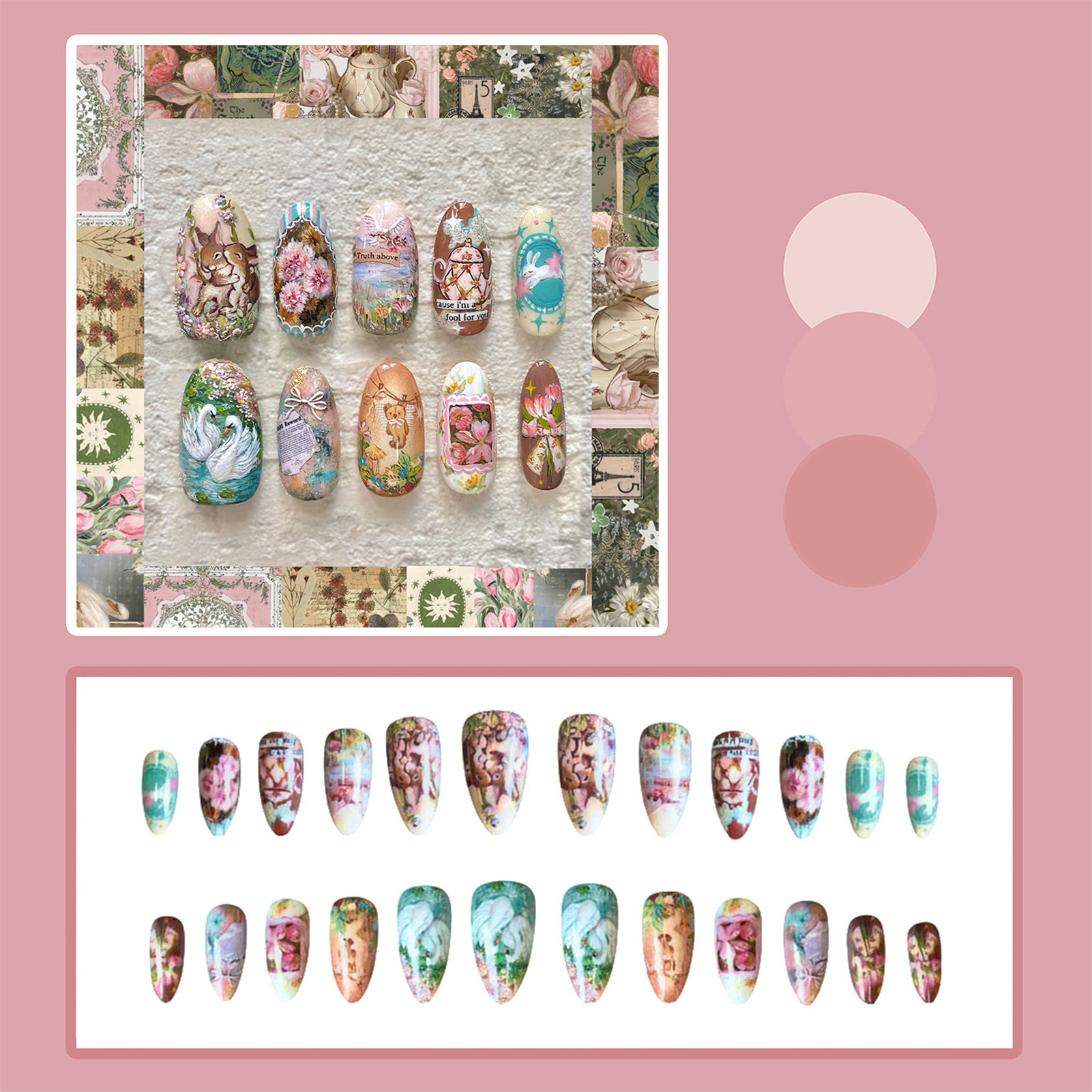 24pcs Kuku Palsu Vintage Garde - Pressed Flower Art ulasan dan harga