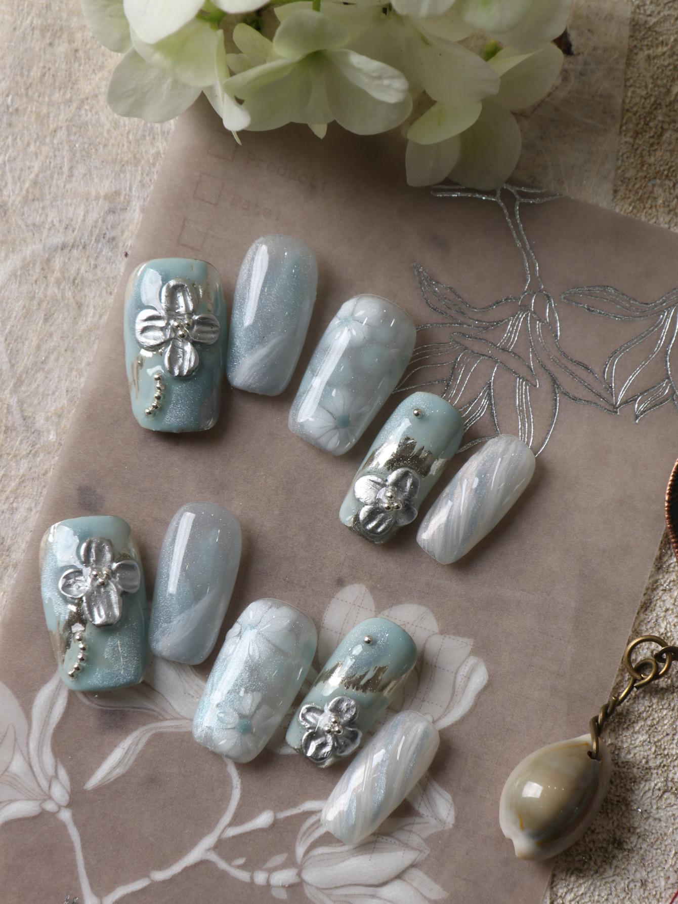 10 Buah Kuku Palsu Biru Putih  - Pressed Flower Art ulasan dan harga