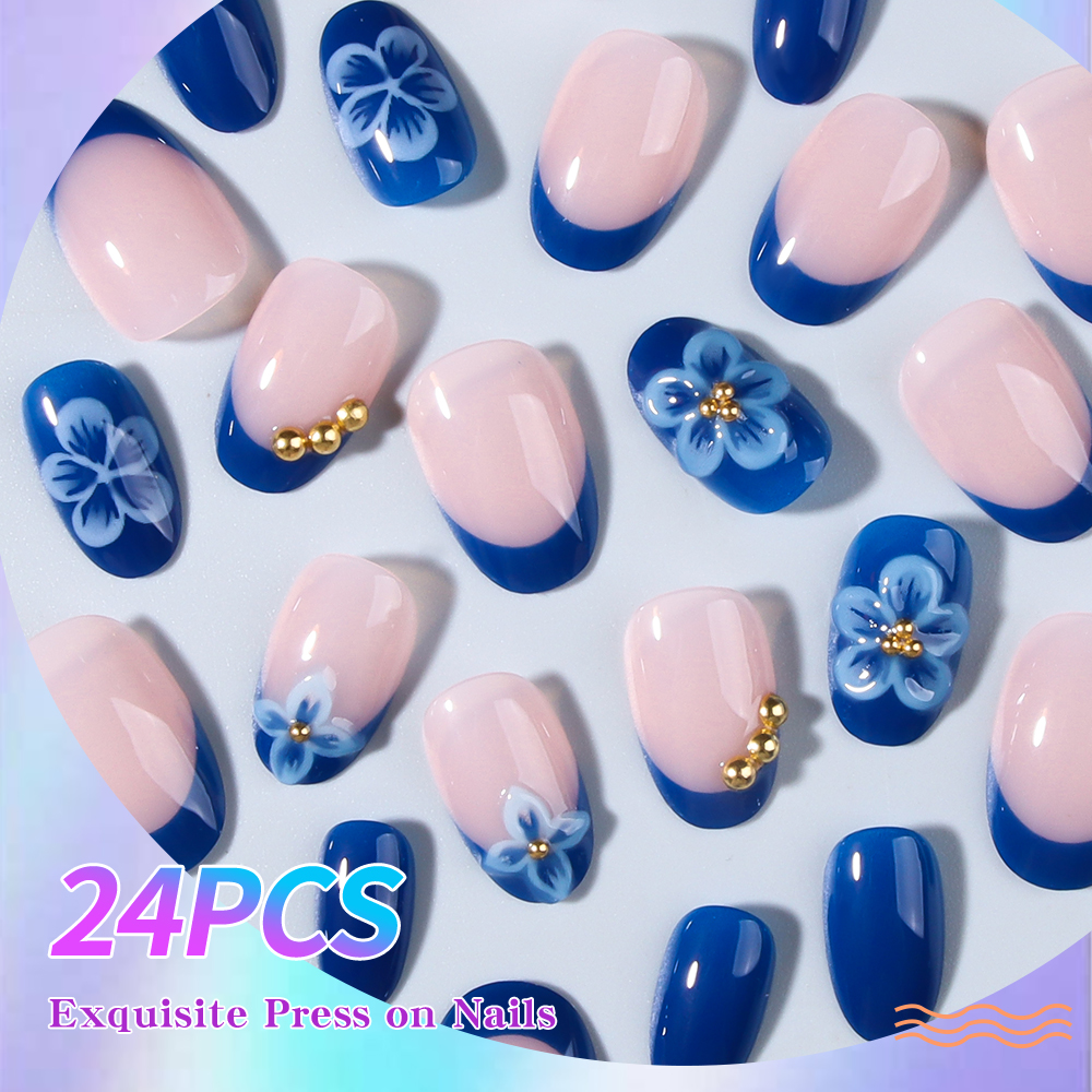 24pcs Stiker Kuku Gel 3D Oval  - Pressed Flower Art ulasan dan harga